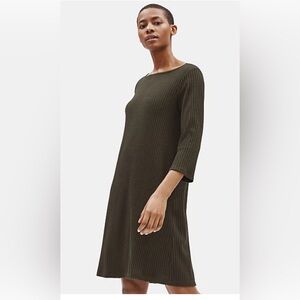Eileen Fisher Tencel Stretch Rib Ribbed Knee Sleeved Green Olive Dress M New